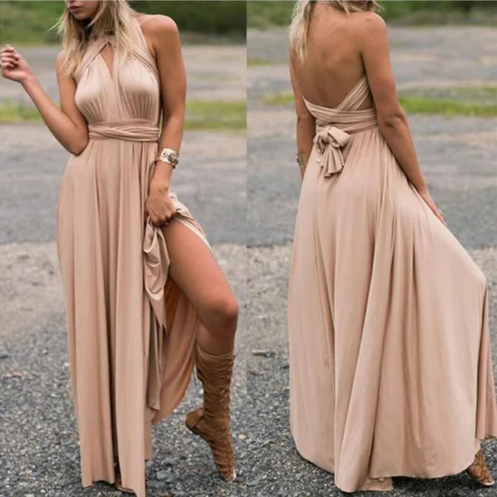 Flowy backless maxi dress for women, ideal for summer vacation, evening wear, or a chic party look. Convertible design.