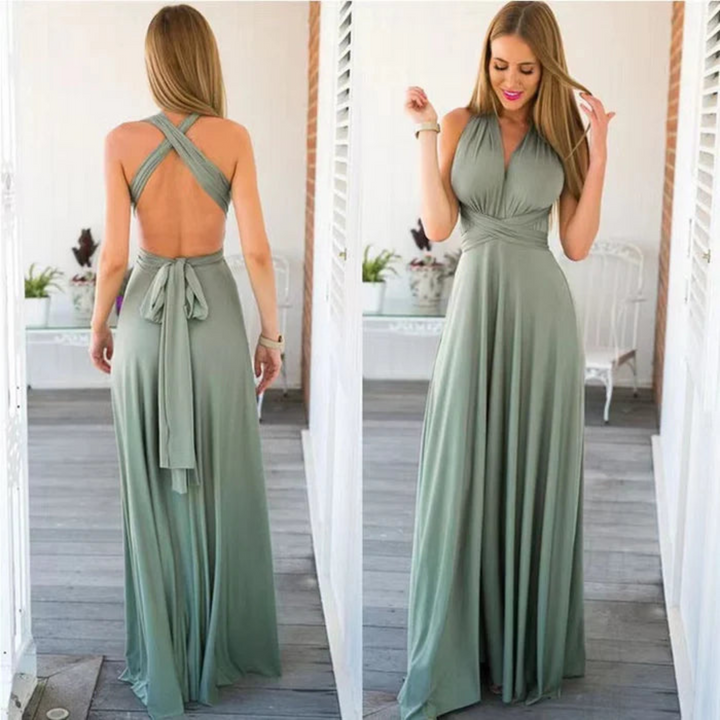 Stunning backless maxi dress for women, offering convertible styling. Great for special occasions, vacation, or an elegant party.