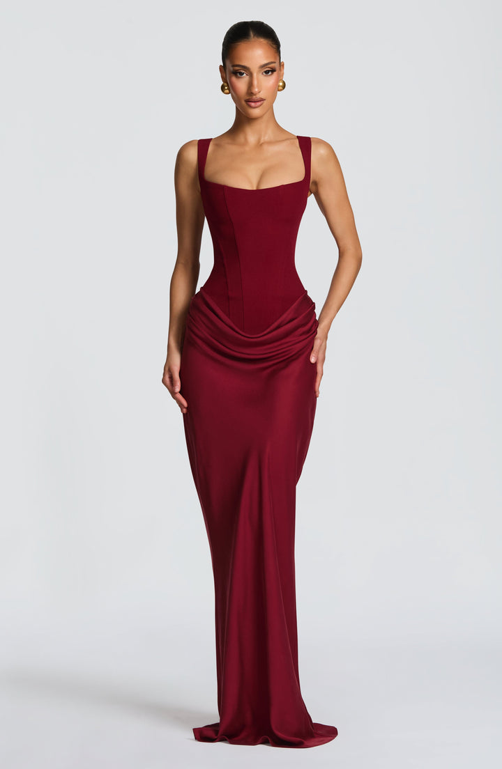 Elegant women's corset bodice maxi dress with wide straps. Perfect for formal and evening events.