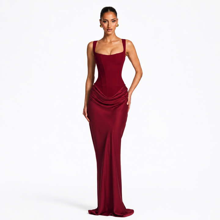 Long party dress for women. Features an elegant corset bodice, wide straps, and a flowing draped skirt.