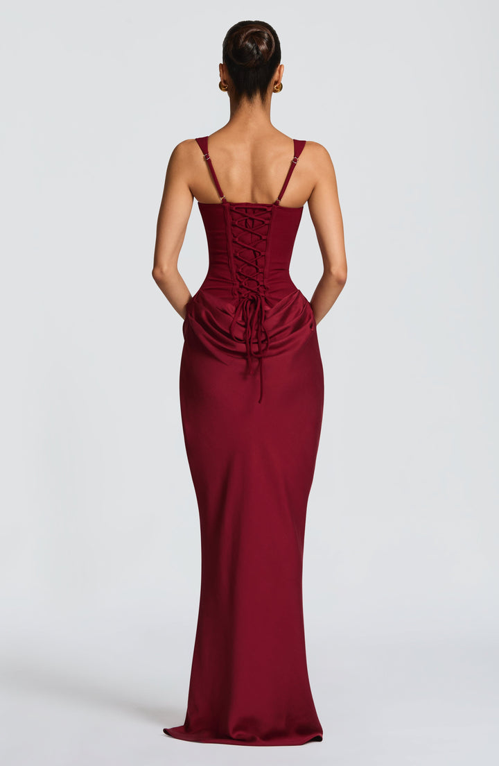 Chic women's long maxi dress with a stylish corset bodice, wide straps, and an elegant square neckline.