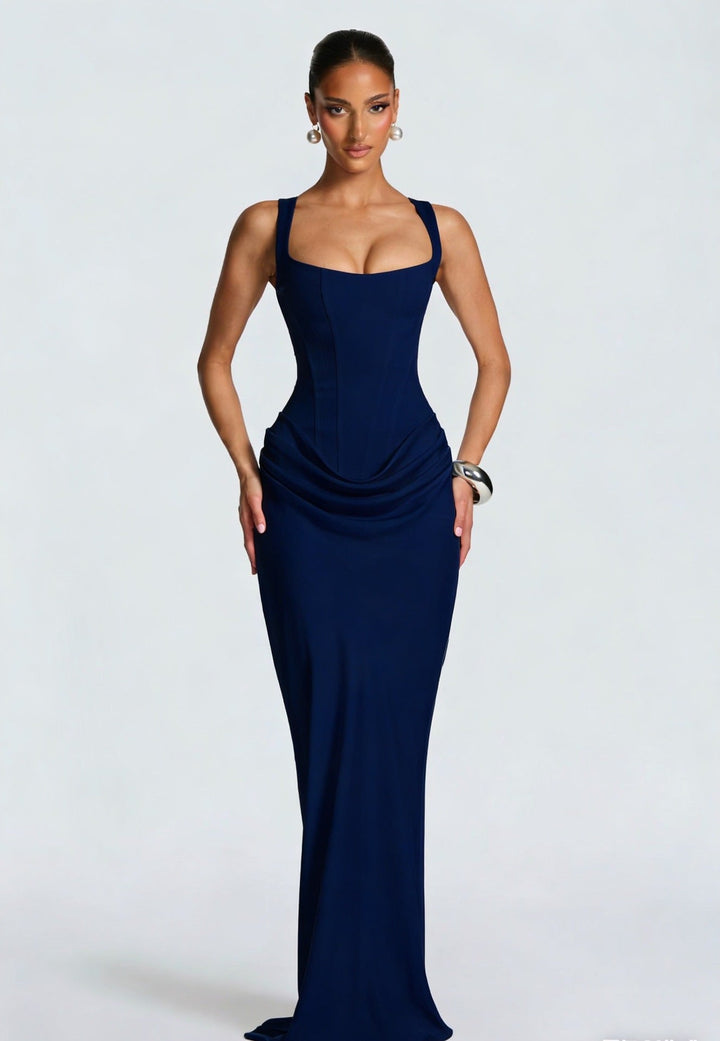 Sophisticated women's evening gown. Corset bodice, wide straps, square neckline, and elegant maxi length.