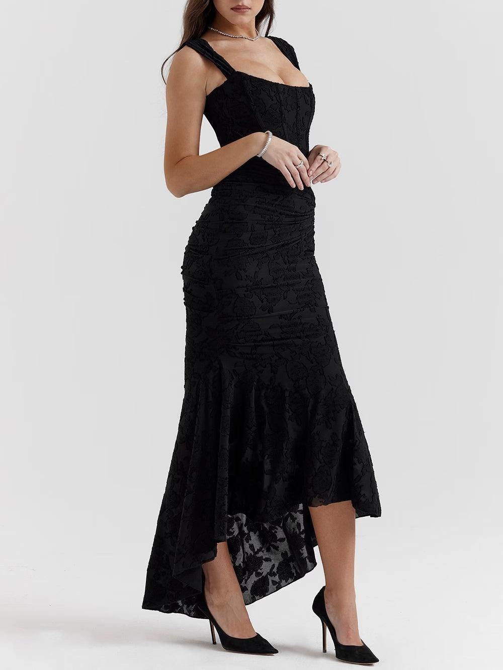 Flattering women's wedding guest mermaid dress with an elegant corset and ruched details.