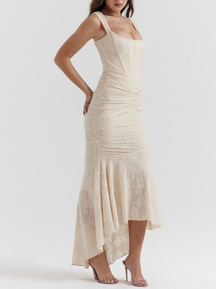 Exquisite women's evening midi dress, an elegant corset ruched mermaid design.