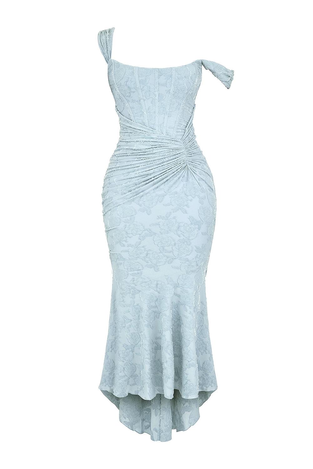 Gorgeous women's wedding guest dress, a ruched mermaid midi with elegant corset details.