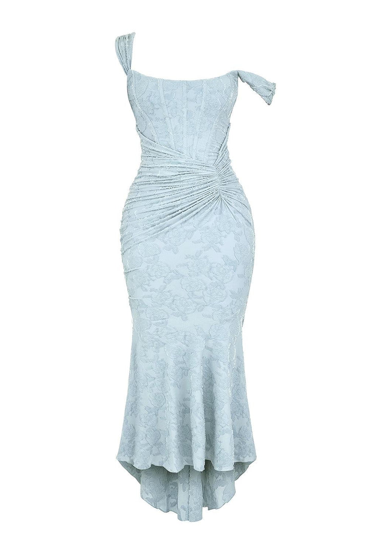 Gorgeous women's wedding guest dress, a ruched mermaid midi with elegant corset details.