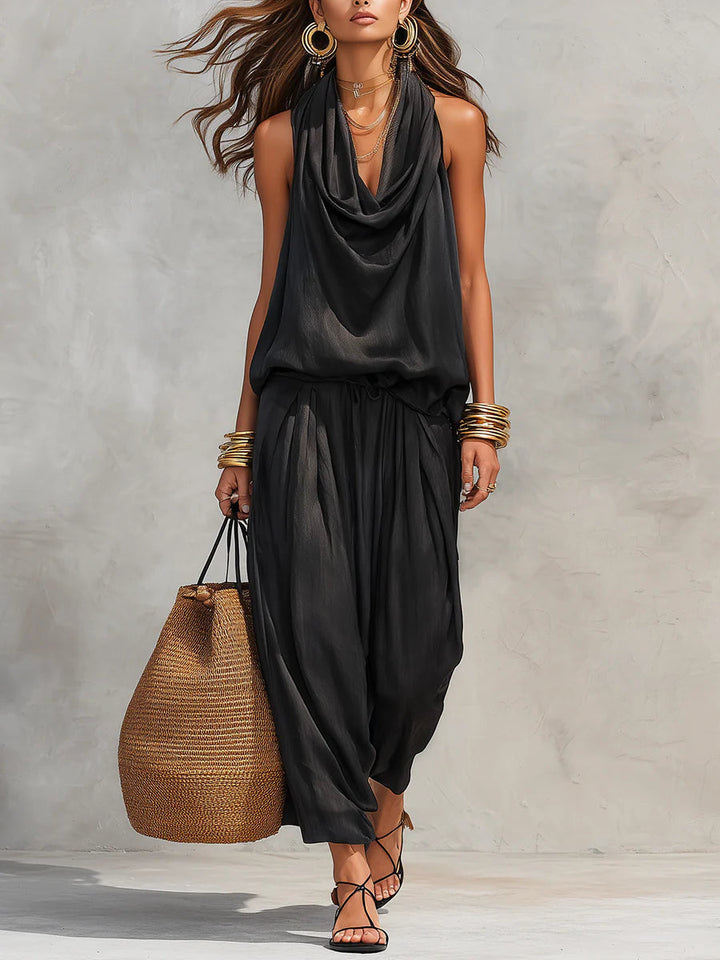 Elegant women's cowl neck halter top and wide leg pant two-piece set, perfect for resort or party wear.