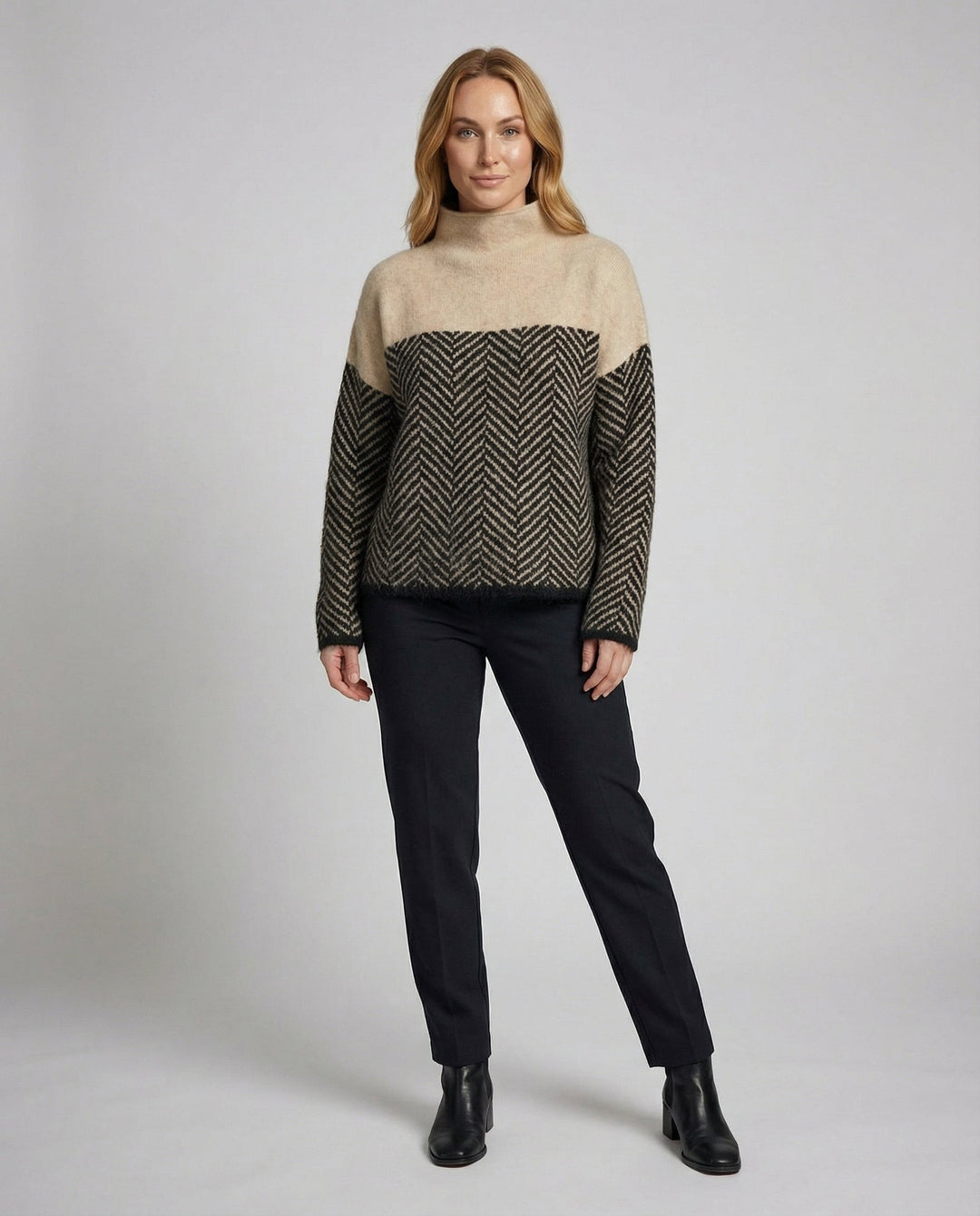 Elegant women's cozy textured turtleneck sweater, ideal for chic fall & winter fashion comfort.