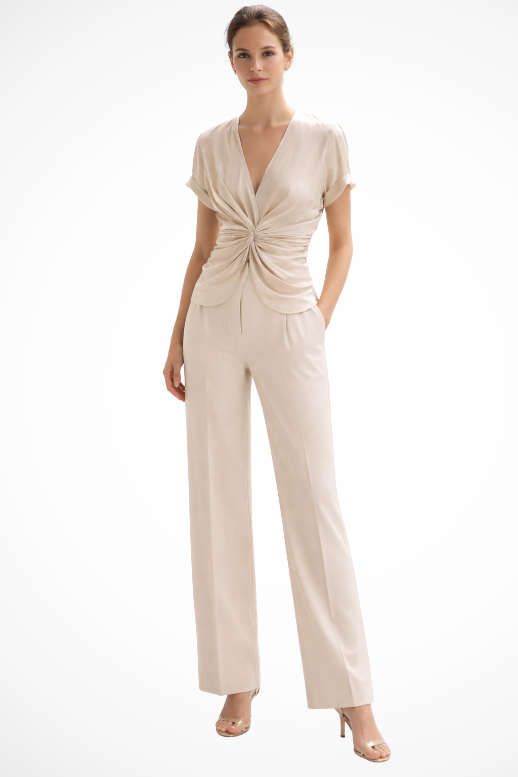 Elegant women's cream ruched V-neck blouse with stylish twist front, perfect for office or formal wear.