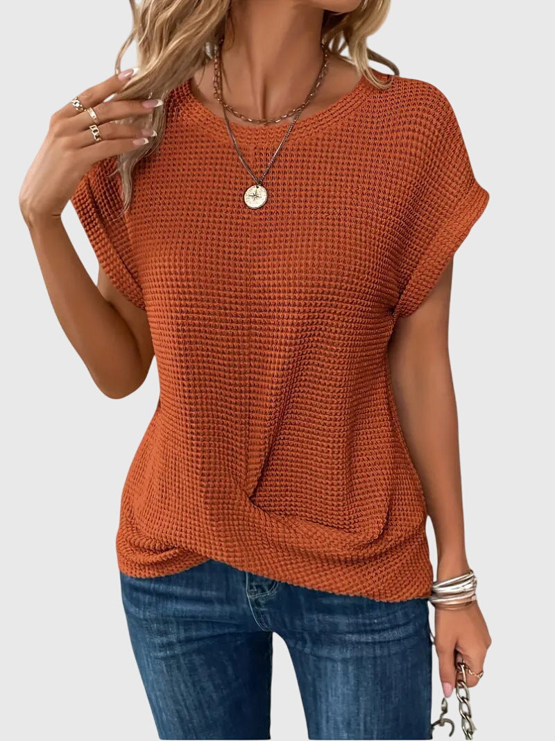 Modern women's elegant crew neck top, designed for a sophisticated look, suitable for any occasion.