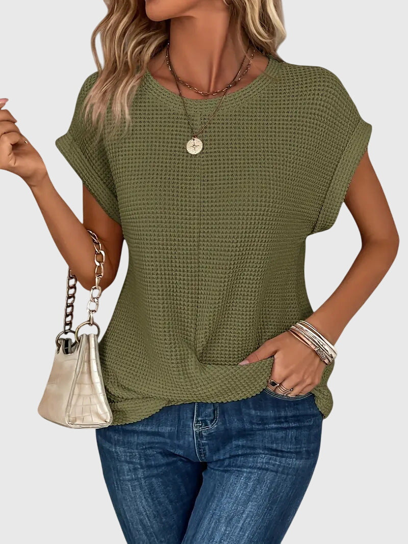 Professional women's crew neck blouse, an elegant top offering a refined, comfortable style for the office.