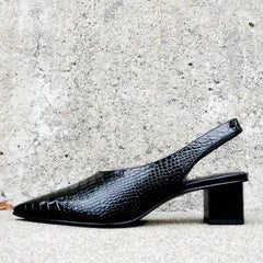 Classic black croco print women's slingback heels. Comfortable and elegant for work or formal events.
