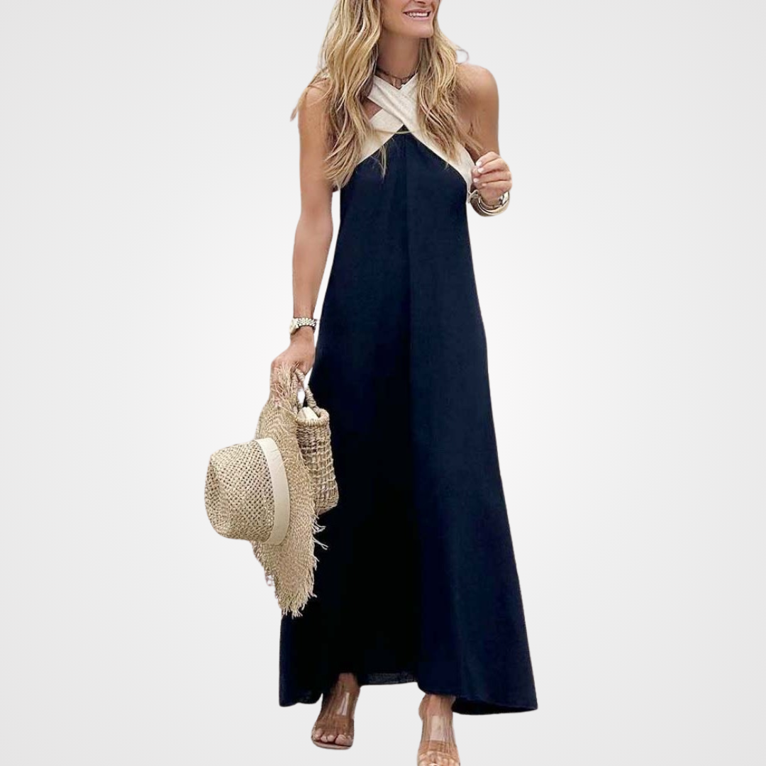 Chic A-line women's summer dress with stylish cross neck, ideal for casual and elegant occasions.
