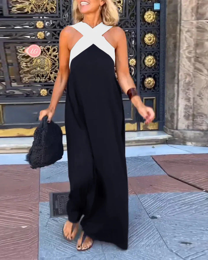 Chic women's casual or evening maxi dress with an elegant cross neck, long and comfortable.