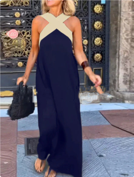 Comfortable women's long summer dress with an elegant cross neck, perfect for day wear.