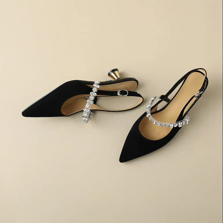 Women's party-ready heels: elegant pointed toe, secure slingback, and stunning crystal ankle strap for glamour.