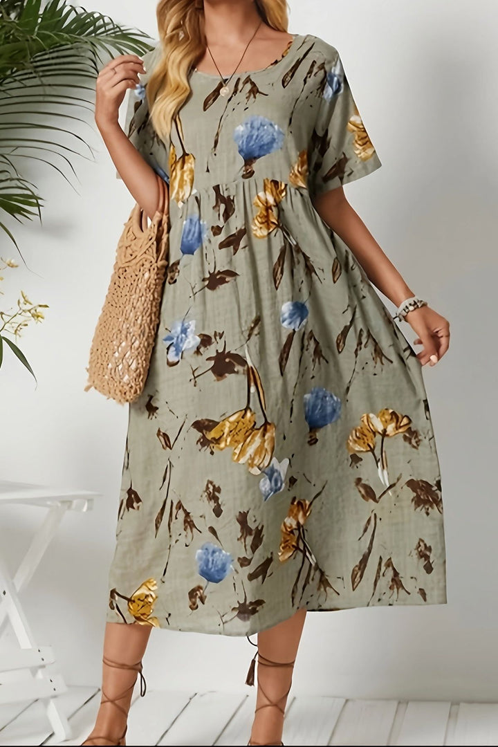 Elegant women's dark khaki floral print midi dress with defined waist, perfect for spring & summer occasion wear.