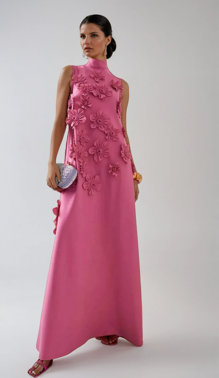 Unique women's sleeveless maxi dress featuring exquisite 3D floral appliqué and an elegant structured neckline design.