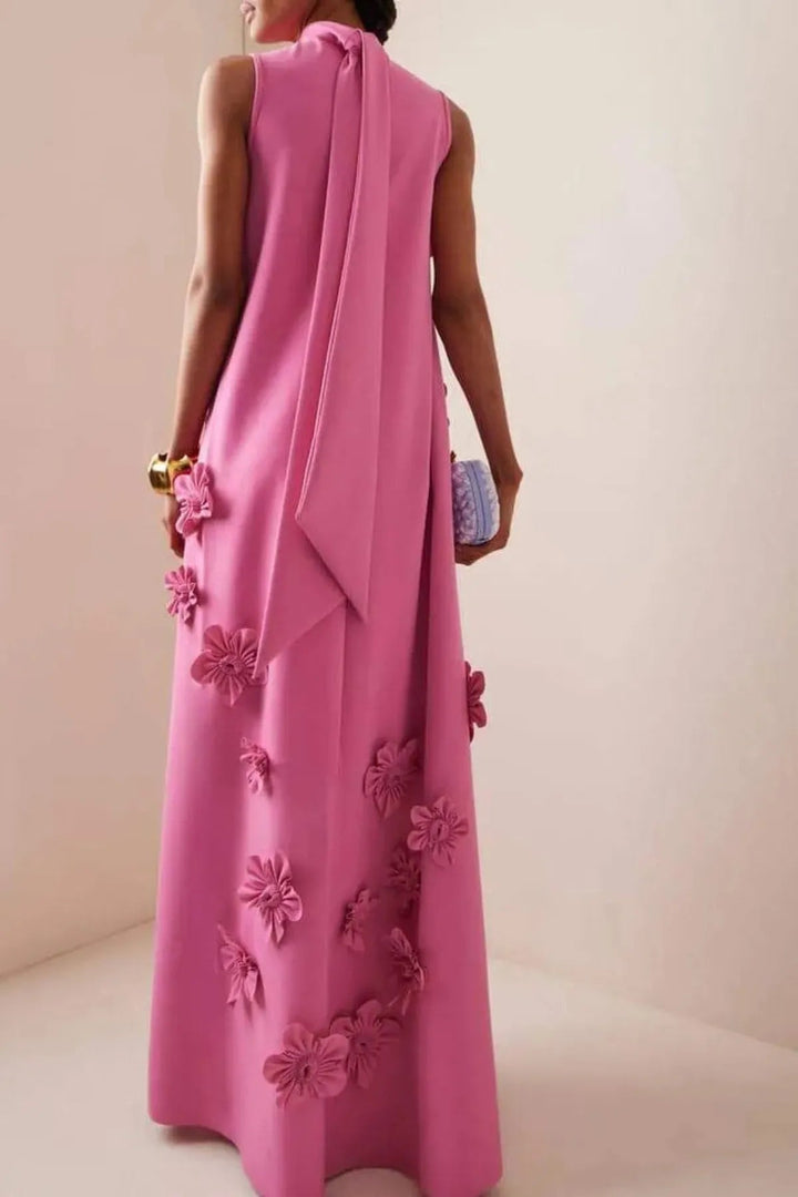 Relaxed fit women's elegant maxi dress, dark pink with 3D floral appliqué, ideal for summer occasions & parties.