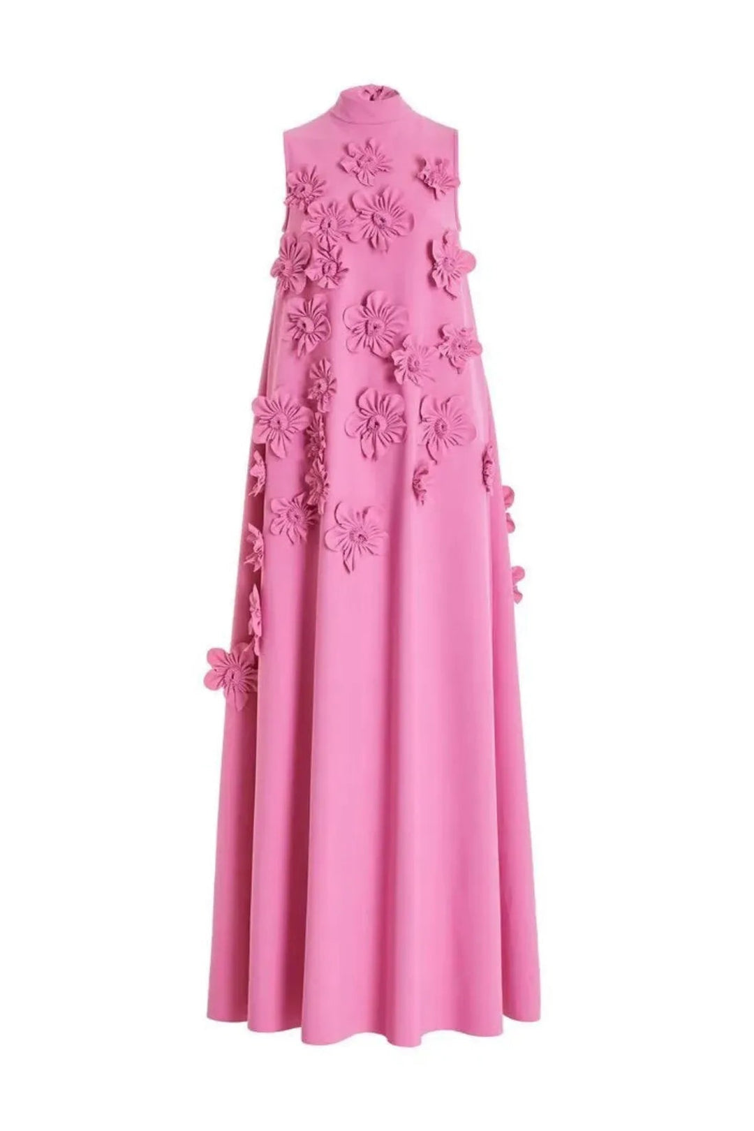 Women's elegant dark pink 3D floral appliqué maxi dress with unique design and structured neckline for occasions.
