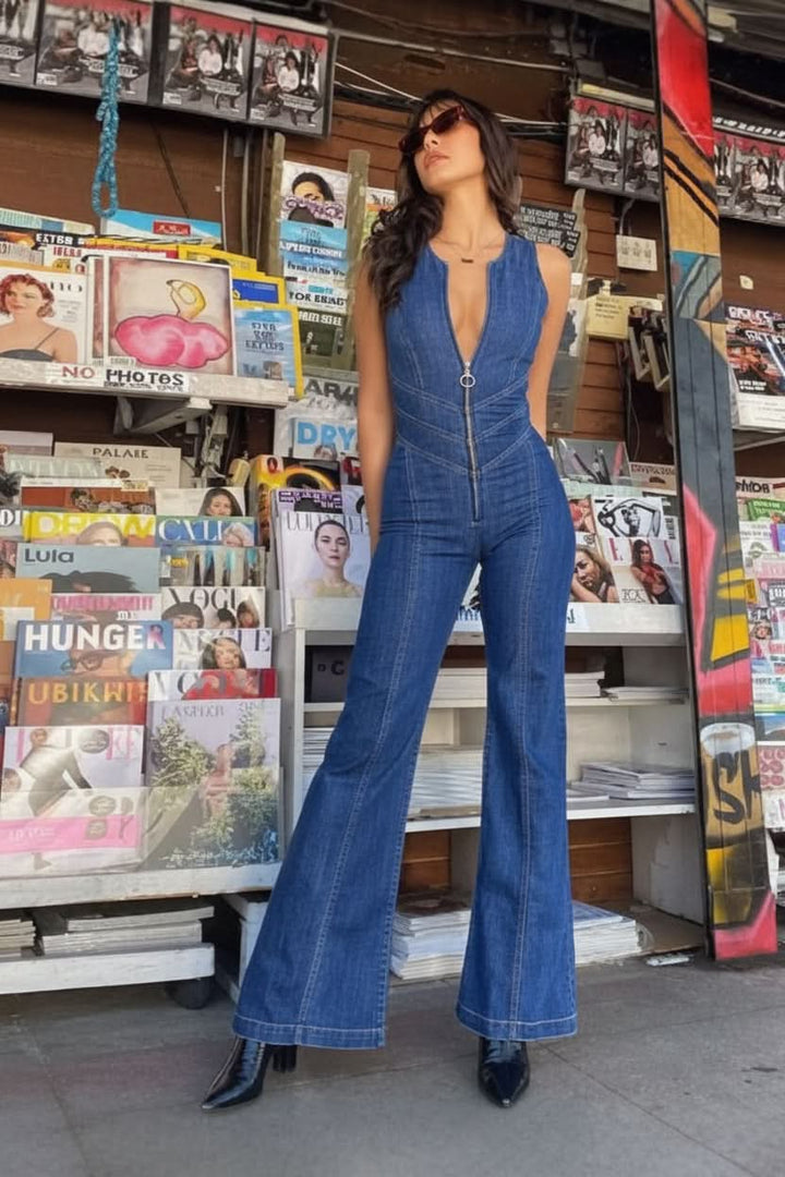 Elegant women's deep V-neck jumpsuit with tailored fit, perfect for evening wear.