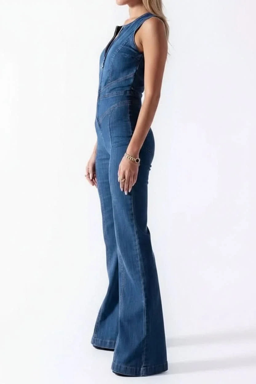 Modern women's tailored jumpsuit, deep V-neck, and stylish flared legs, versatile for events.