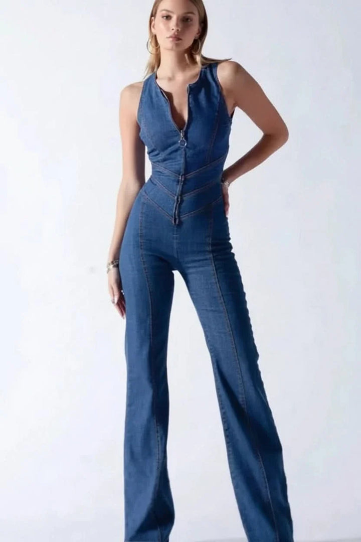 Stylish women's V-neck jumpsuit, tailored fit, ideal for special occasions & elegant evening wear.