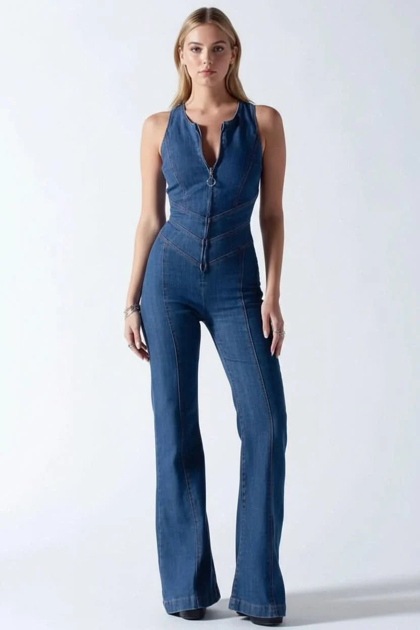 Chic women's one-piece deep V-neck jumpsuit, tailored for an elegant silhouette and modern style.