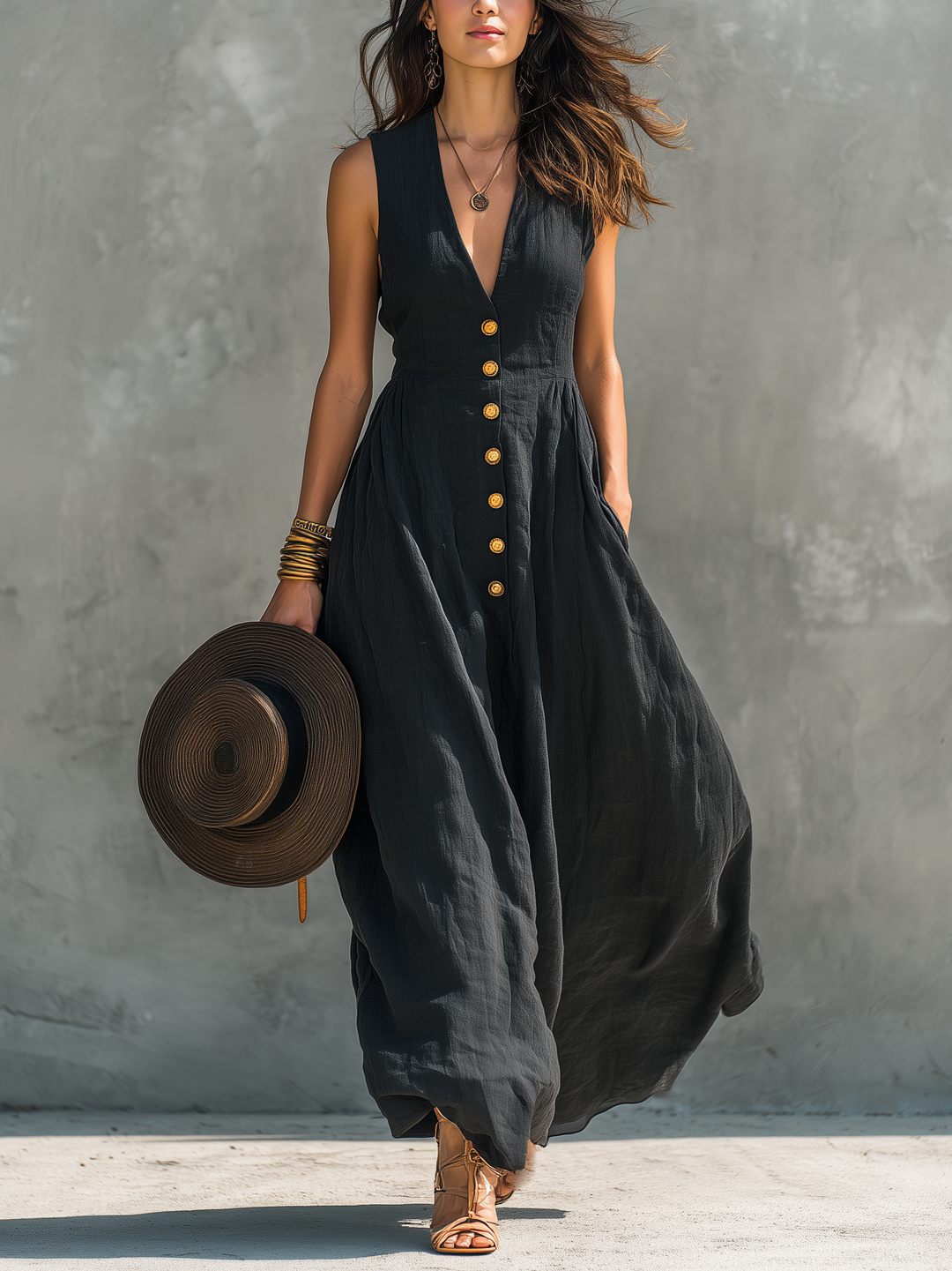 Elegant women's deep V-neck sleeveless maxi dress with button front, perfect for summer parties & vacations.