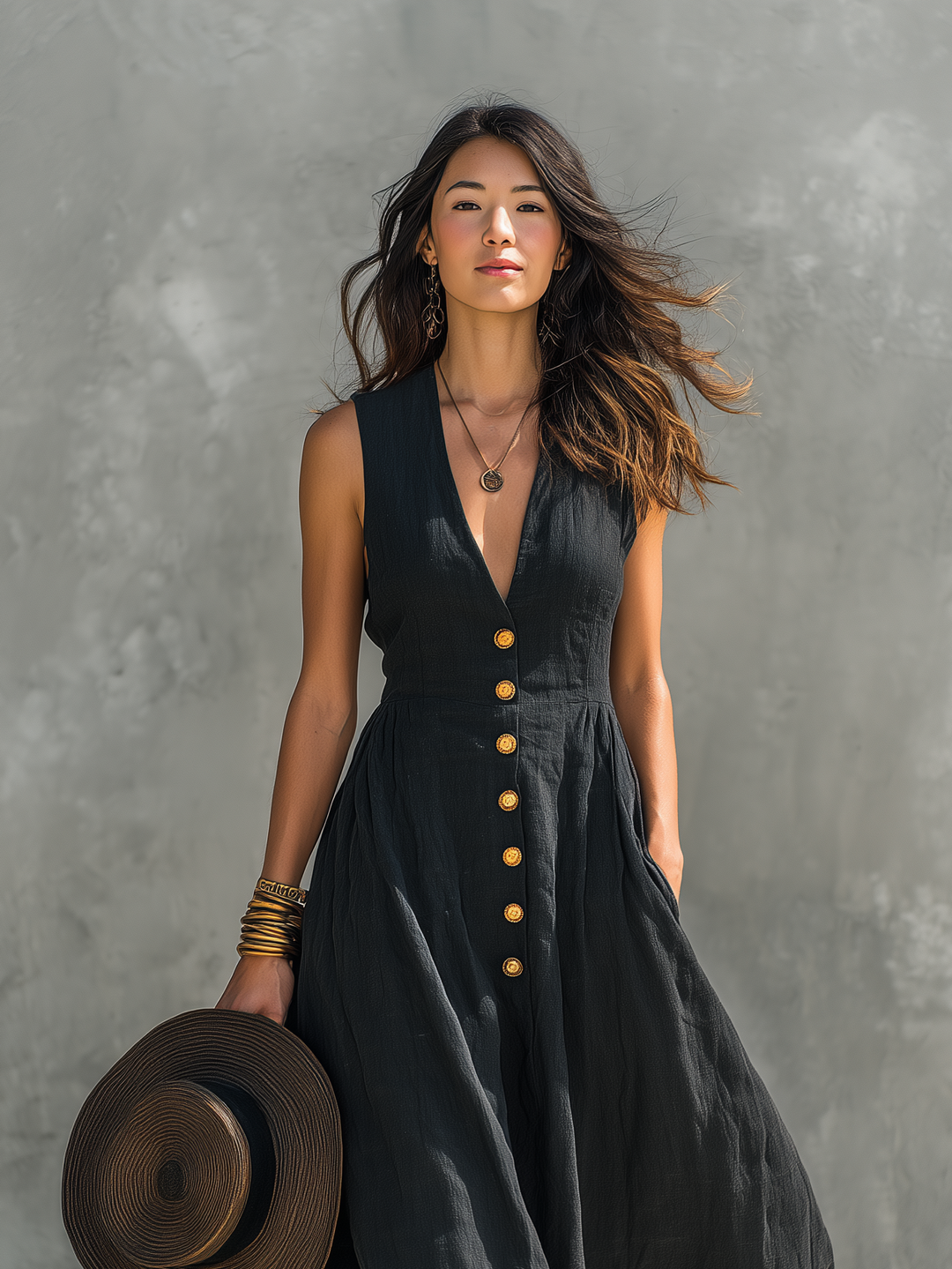Chic deep V-neck sleeveless maxi dress for women, featuring a button front, ideal for casual or elegant summer wear.
