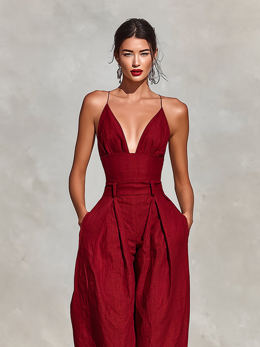 Women's stylish deep V-neck wide-leg jumpsuit, ideal for formal parties, evening events & resort wear.