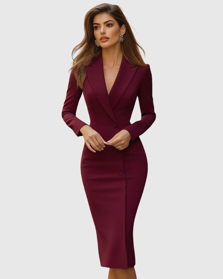 Professional women's double-breasted midi blazer dress. Long sleeves, elegant, ideal for formal work attire.