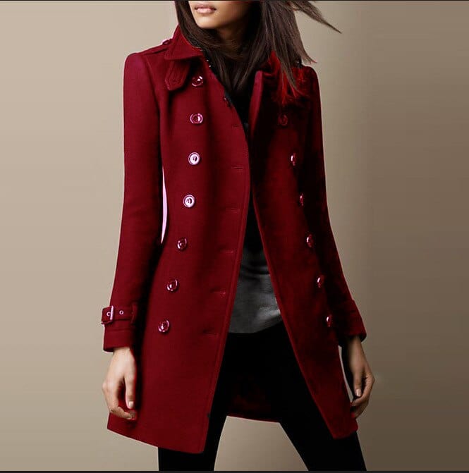 Elegant women's double-breasted long trench coat, perfect for fall and winter office attire.