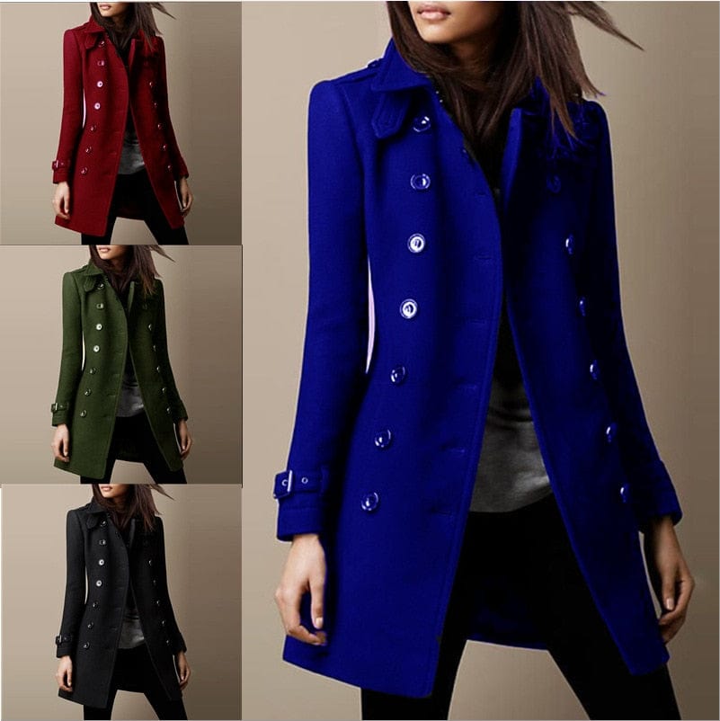 Tailored women's long coat in a classic double-breasted style, ideal for elegant fall fashion.