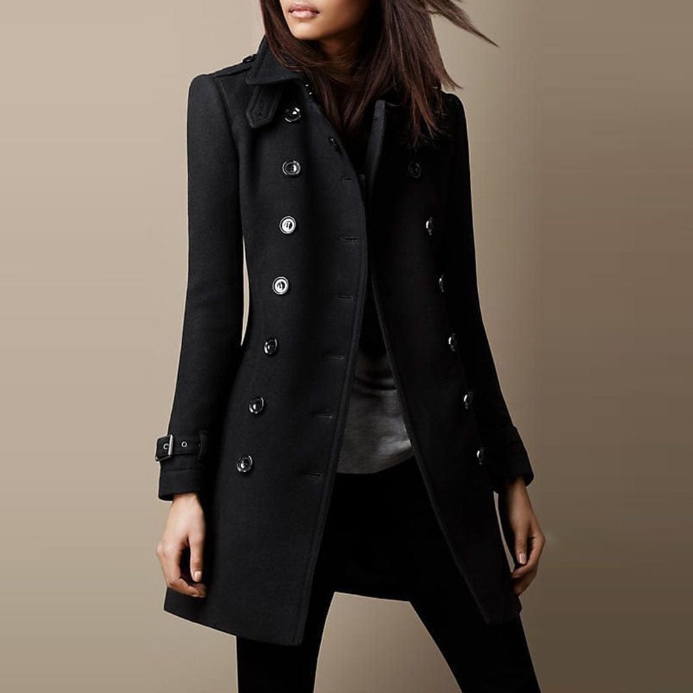 Stylish women's double-breasted long coat, a tailored trench for elegant winter fashion & office wear.