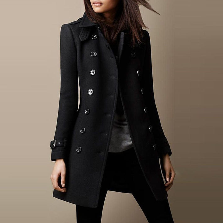 Stylish women's double-breasted long coat, a tailored trench for elegant winter fashion & office wear.