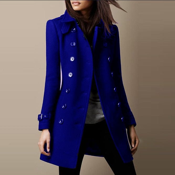 Classic women's double-breasted long trench coat, providing warmth and tailored elegance for fall.