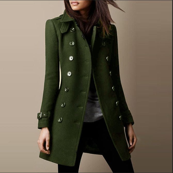 Sophisticated women's tailored double-breasted long coat, a chic choice for fall & winter office outfits.