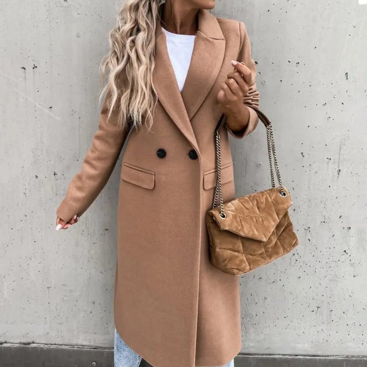 Chic women's long coat, perfect elegant outerwear for business casual, fall, and winter fashion.
