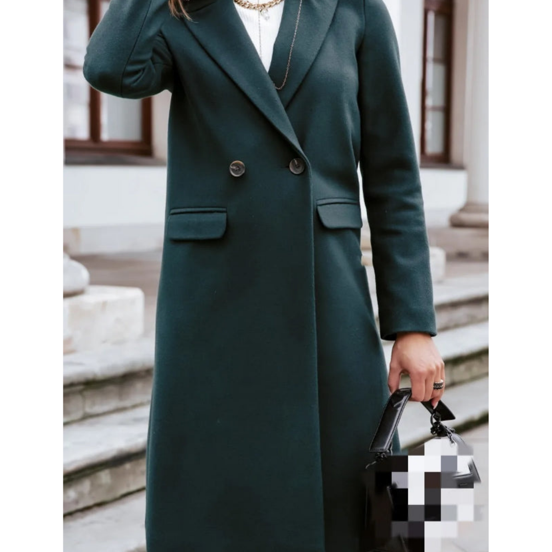 Stylish women's long fall and winter trench coat. Double-breasted elegant outerwear, perfect for work & formal events.