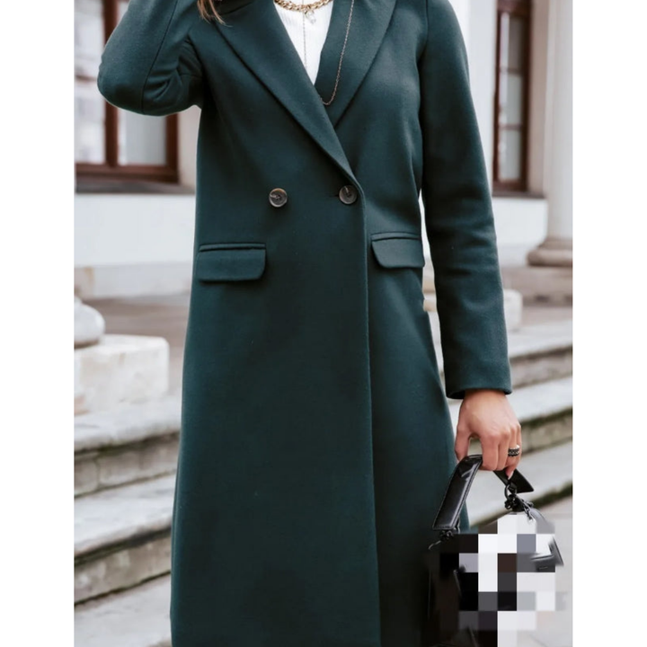Stylish women's long fall and winter trench coat. Double-breasted elegant outerwear, perfect for work & formal events.