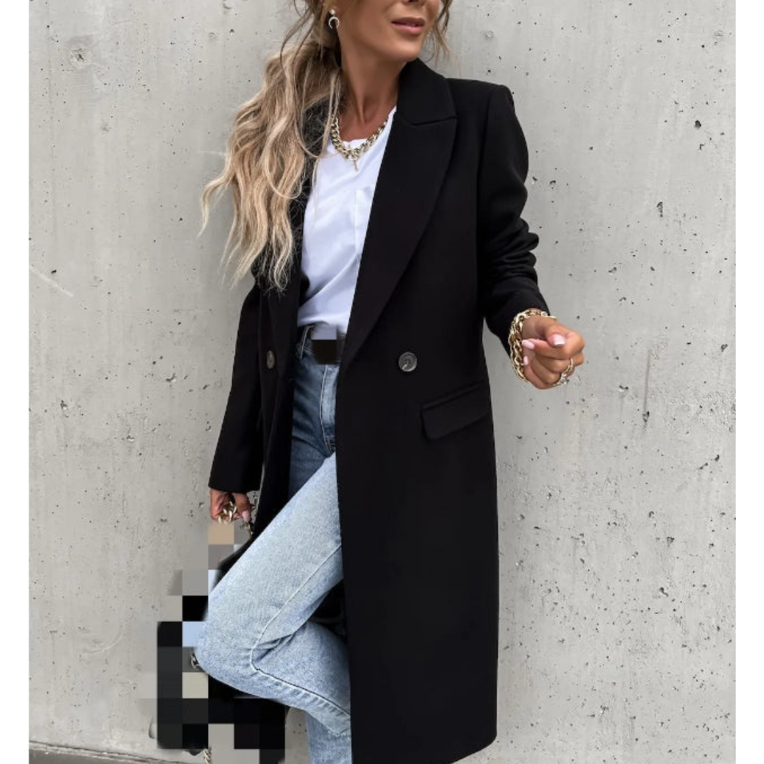 Women's elegant double-breasted long trench coat, a classic and chic formal outerwear for fall & winter workwear.