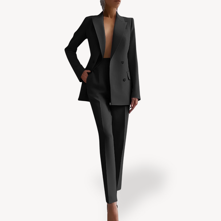 Elegant women's double-breasted pant suit set. Perfect for business, office, or formal occasions. Modern chic 2-piece.