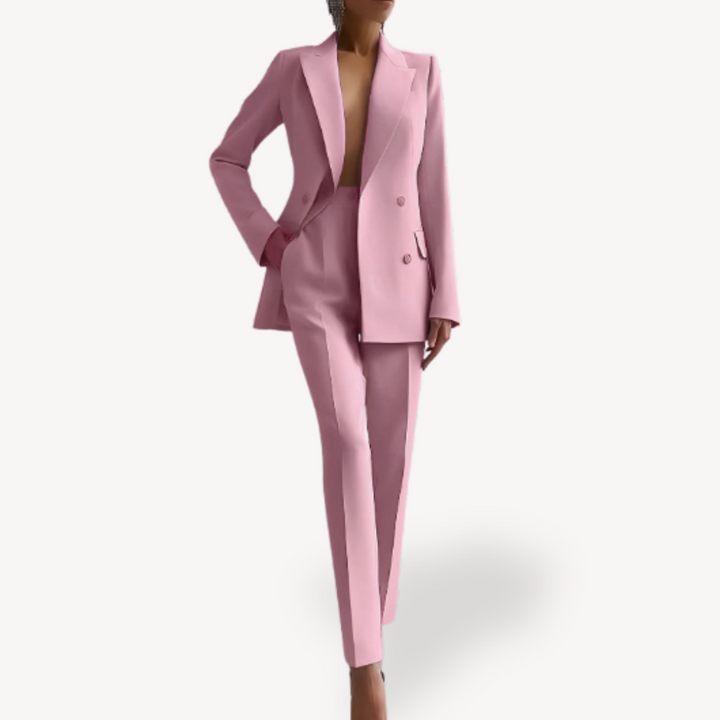 Professional women's pant suit for business meetings, office fashion & formal events. Elegant double-breasted 2-piece set.