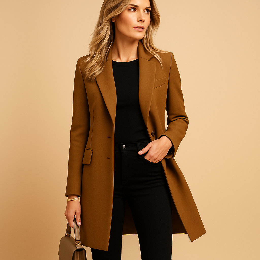 Elegant women's double-breasted trench coat in classic style, perfect for sophisticated work fashion or versatile everyday wear.