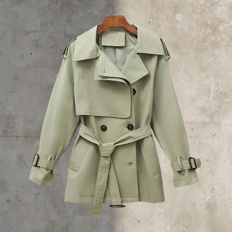 Elegant women's double-breasted trench coat with a belt for classic spring & fall fashion. Weather-resistant long outerwear.