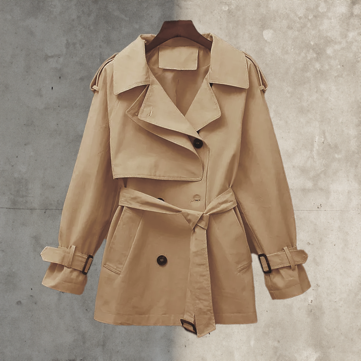 Stylish women's belted trench coat, double-breasted design. Perfect versatile long outerwear for spring & fall fashion.
