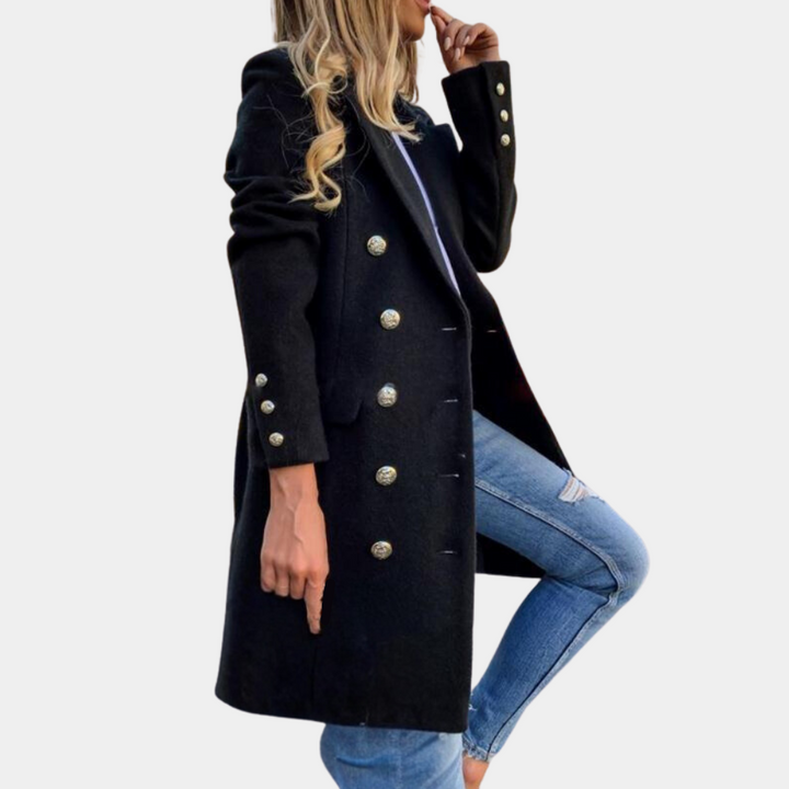 Sophisticated women's double-breasted trench coat with a cinched waist, essential for workwear and fashion.