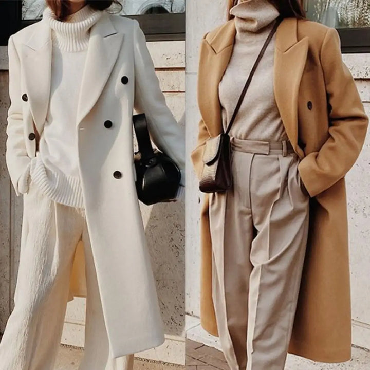 Elegant women's double-breasted trench coat with notch collar. Perfect for sophisticated office fashion or fall outerwear.