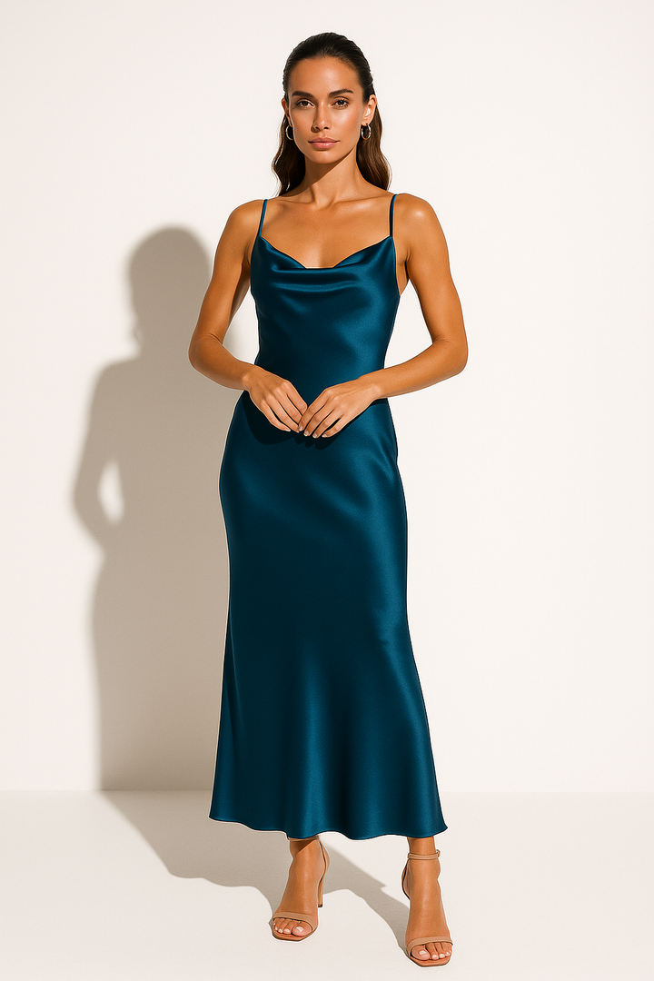 Beautiful women's midi dress with elegant cowl neck and delicate drape, perfect for formal occasions.